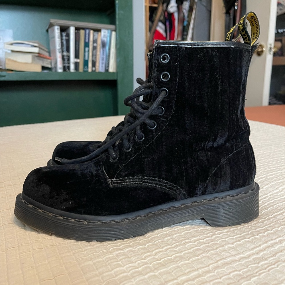 Black crushed velvet Doc Martens